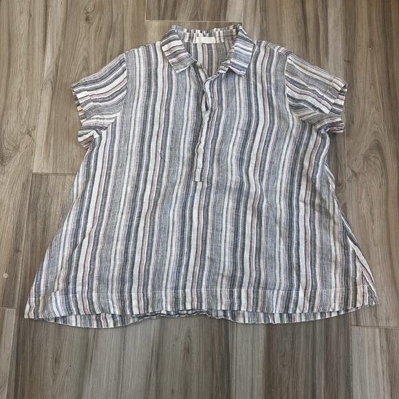 CP Shades Linen Collared Popover Top M Striped White Blue Bohemian Lagenlook - Picture 1 of 7